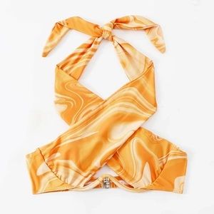 NEW Marble Print Tie Back Underwire Halter Bikini Swimsuit Top - Orange, Push-up